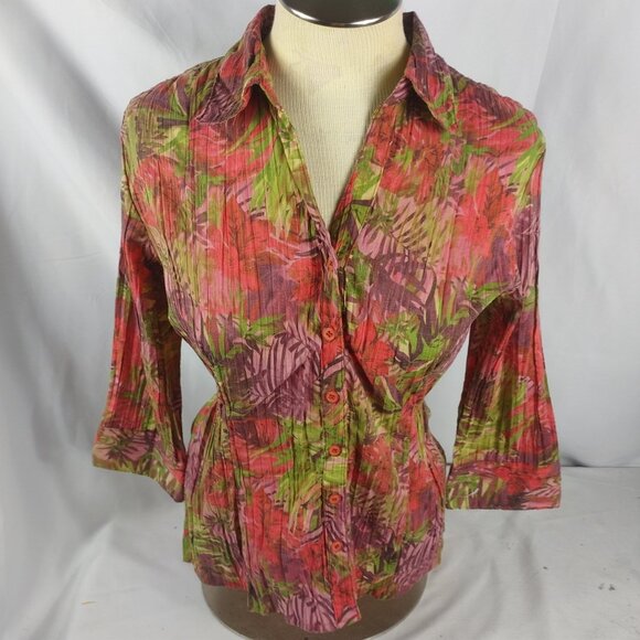 Lemon Grass Studio Women's Long Sleeve Blouse Red/Green Tropical Size Medium - Picture 2 of 6